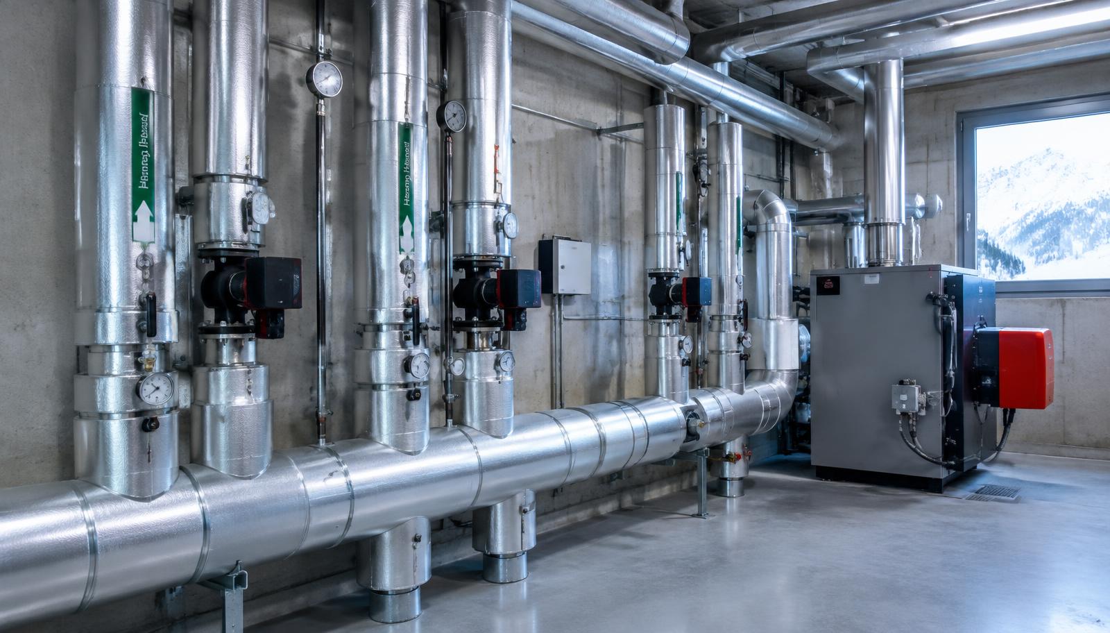 Mit Aluminium ummantelte Heizungsleitungen in einer Heizzentrale